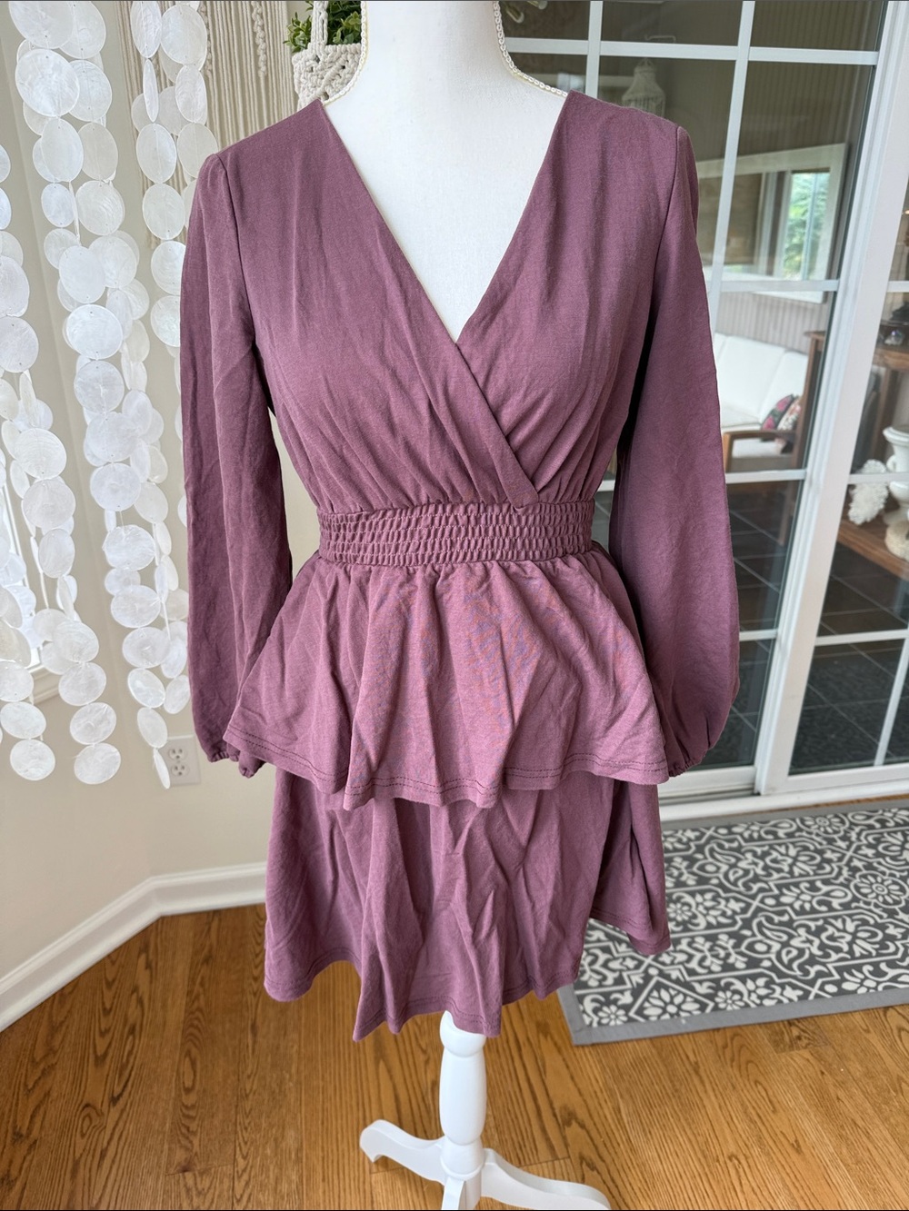 Listicle Women’s Mauve Peplum Wrap Dress - Stylish V-Neck Long Sleeve